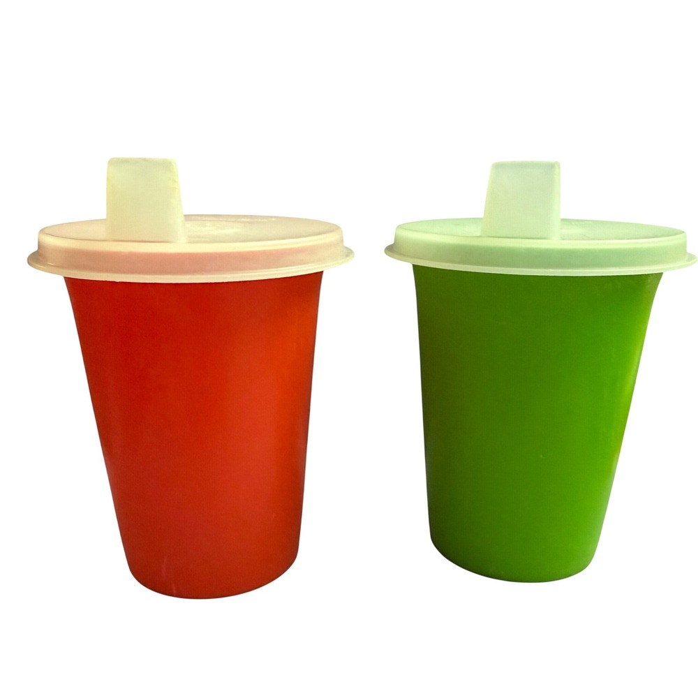 Vintage Tupperware Sippy Cups Set of 2 Orange Green 7oz Tumblers with Lids USA